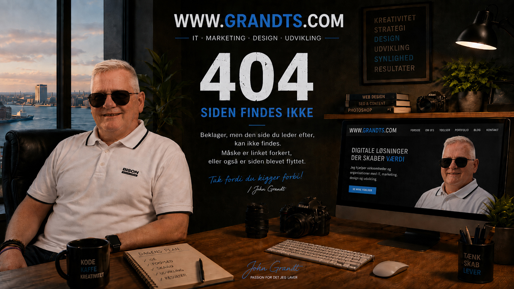 404-side til johngrandt.dk med digitalt kreativt design, IT, webdesign og fotografi